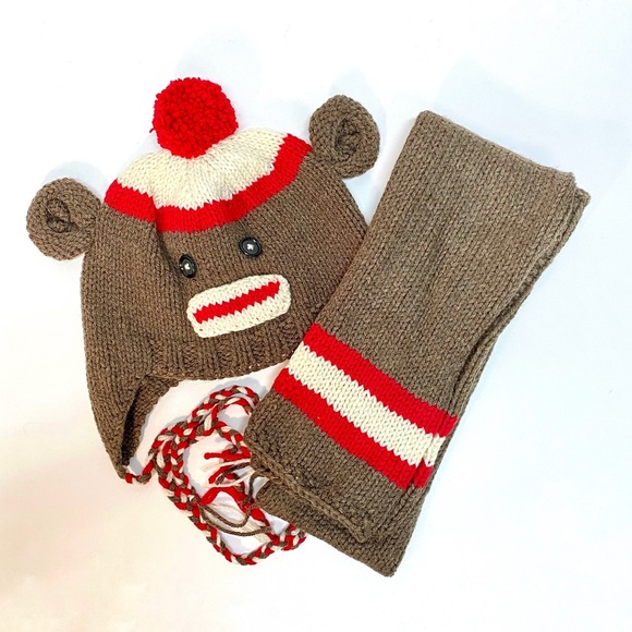 NWT Hand Knit Sock Monkey Beanie Hat and Scarf Set One Size Fits Most - Picture 8 of 9